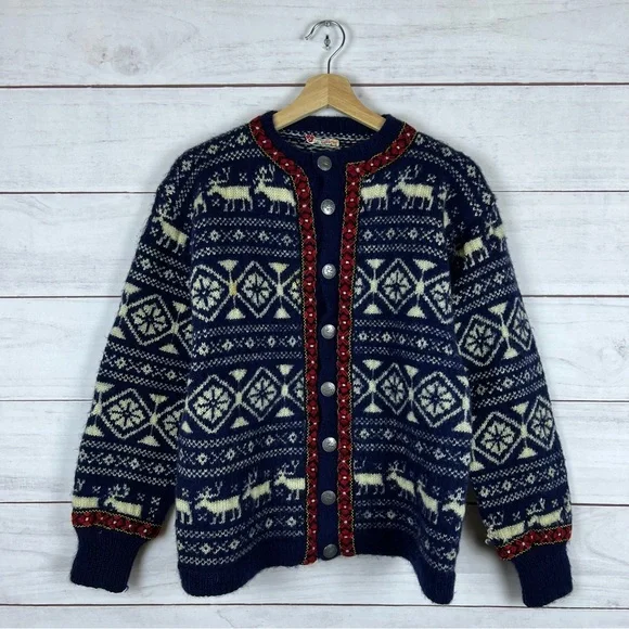 Vintage 60s Norway Fair Isle Wool Cardigan Sweater Small - Picture 1 of 10